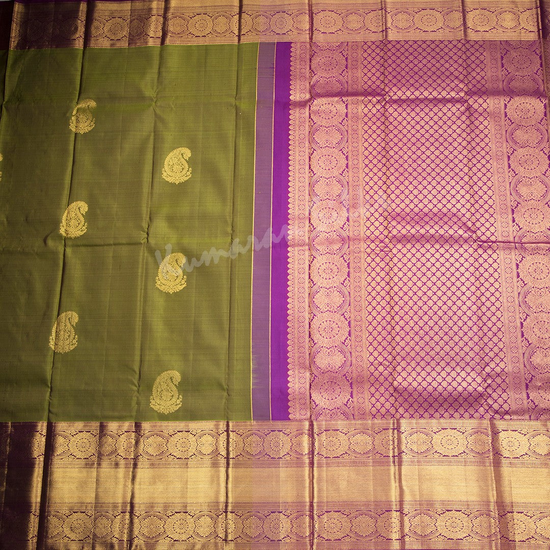 Olive Green Silk Saree With Mango Buttas And Rettapet Border