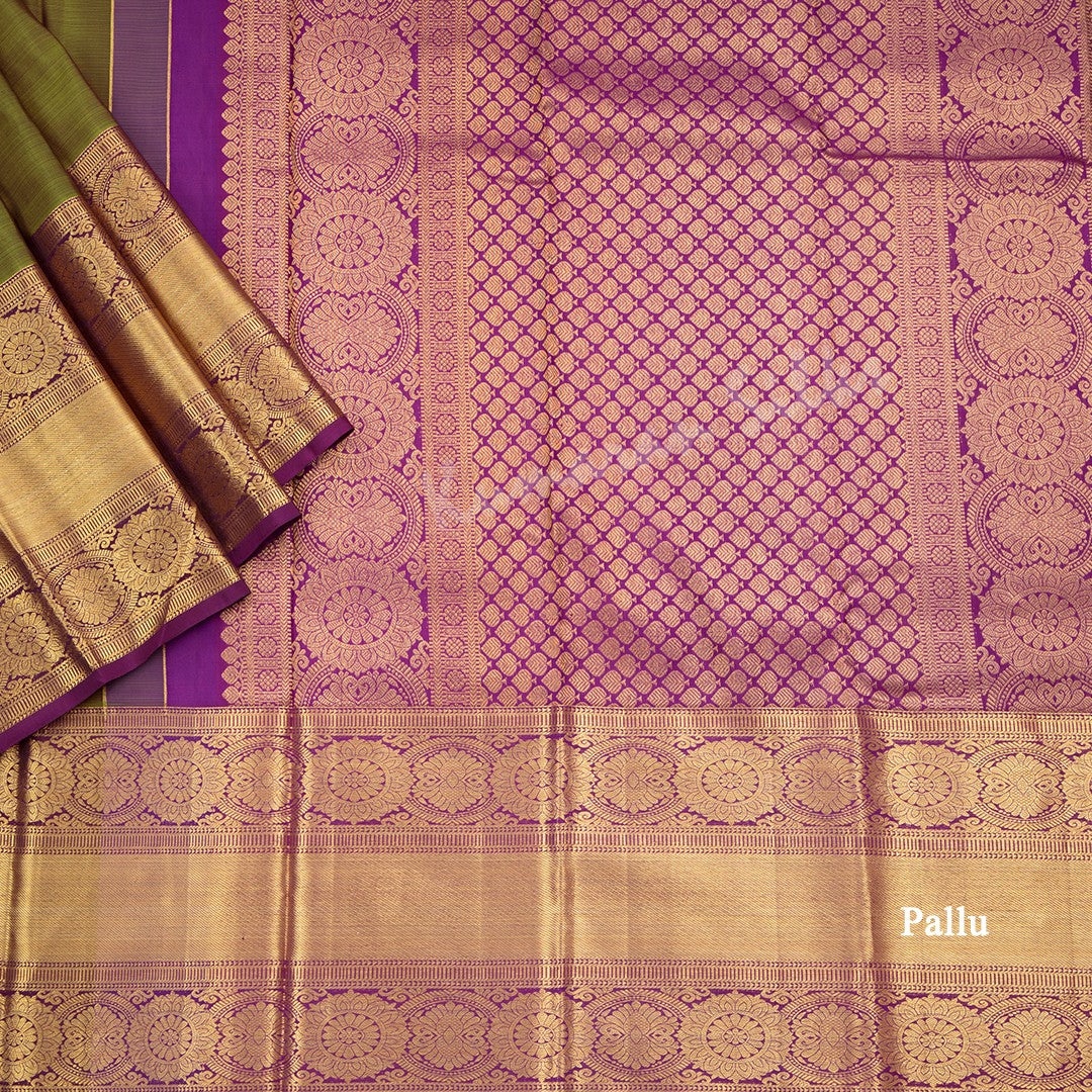 Olive Green Silk Saree With Mango Buttas And Rettapet Border