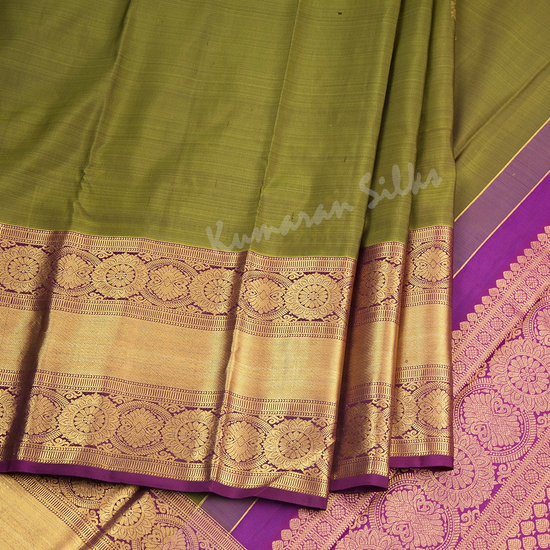 Olive Green Silk Saree With Mango Buttas And Rettapet Border