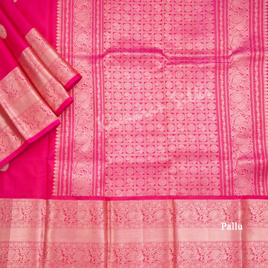 Hot Pink Silk Saree With Chakra Buttas And Rettapet Border