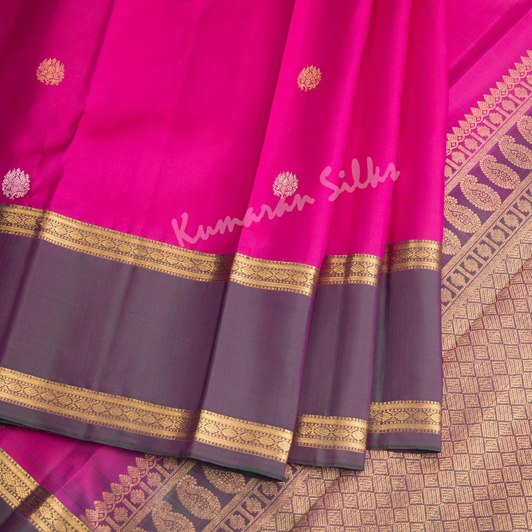 Hot Pink Silk Saree With Silver And Gold Zari Buttas And Shot Colour Rettapet Border