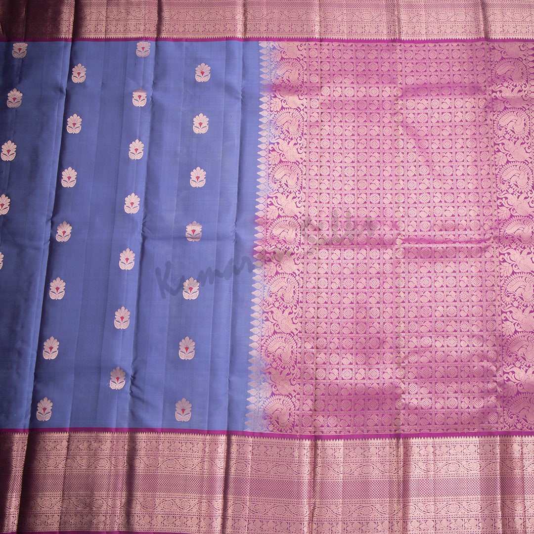 Greyish Blue Silk Saree With Floral Buttas And Rettapet Border