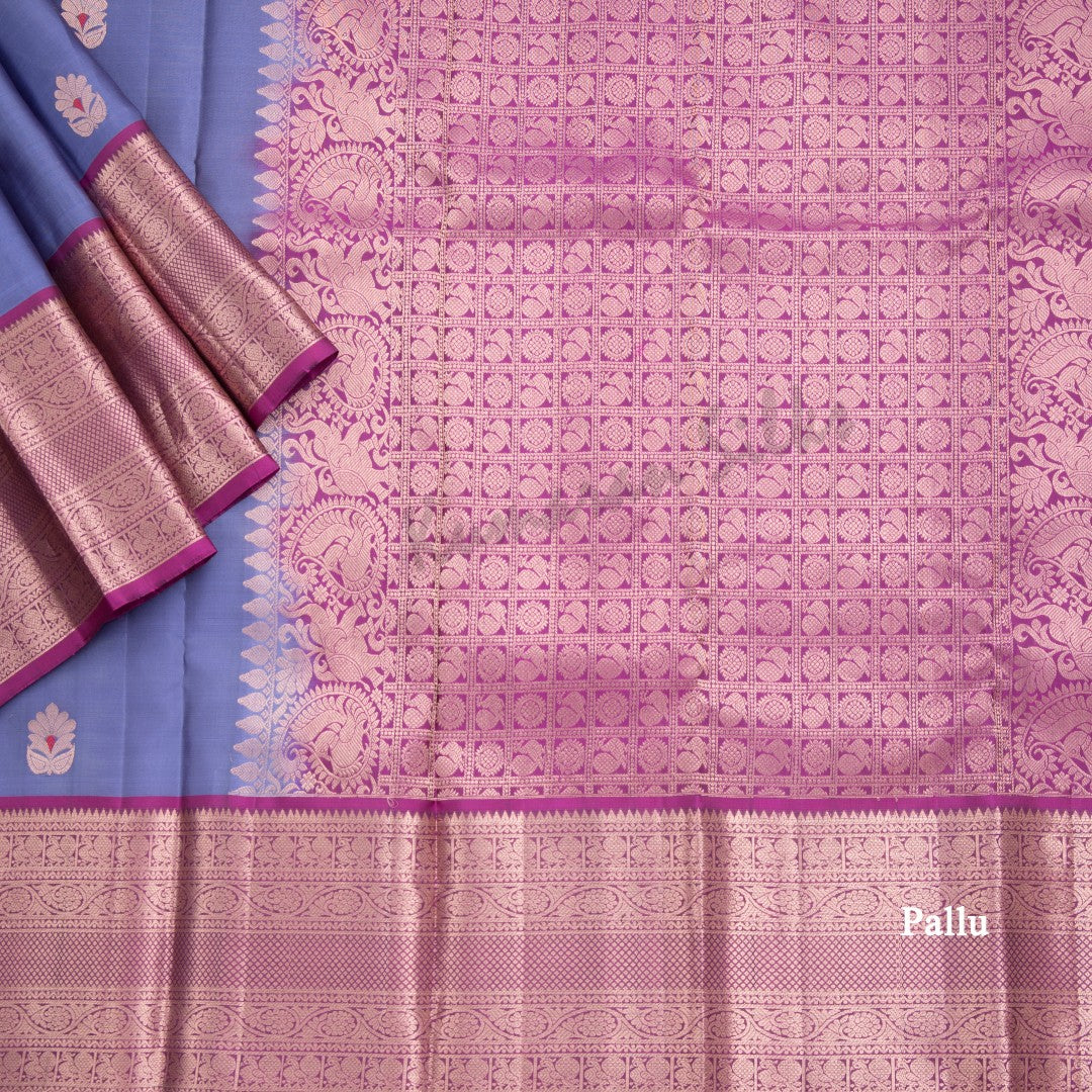 Greyish Blue Silk Saree With Floral Buttas And Rettapet Border