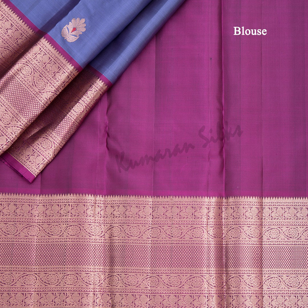 Greyish Blue Silk Saree With Floral Buttas And Rettapet Border