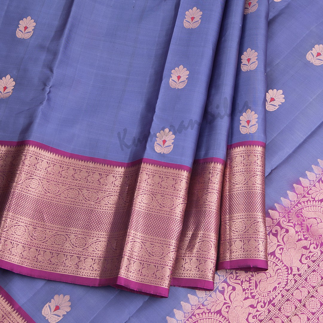 Greyish Blue Silk Saree With Floral Buttas And Rettapet Border