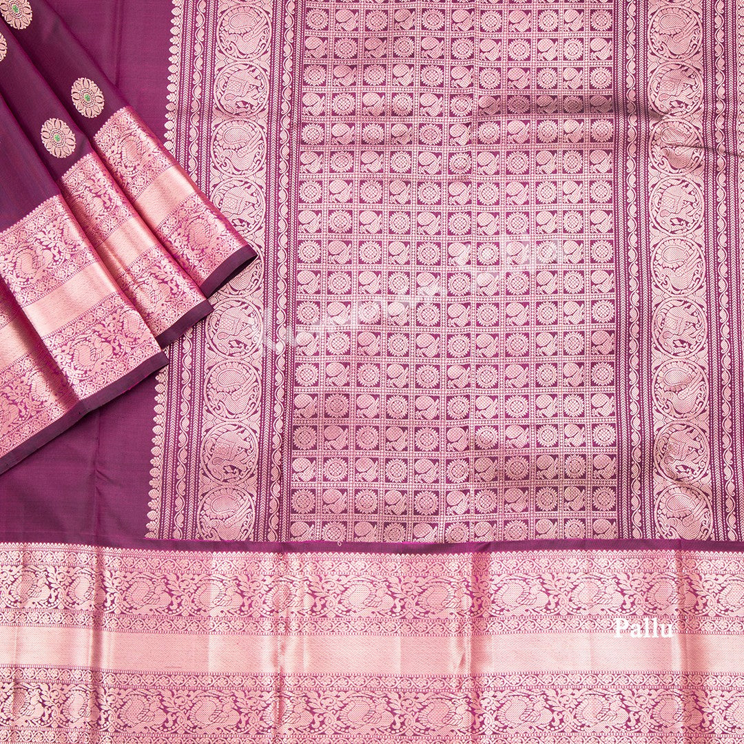 Wine Colour Silk Saree With Chakra Buttas And Rettapet Border