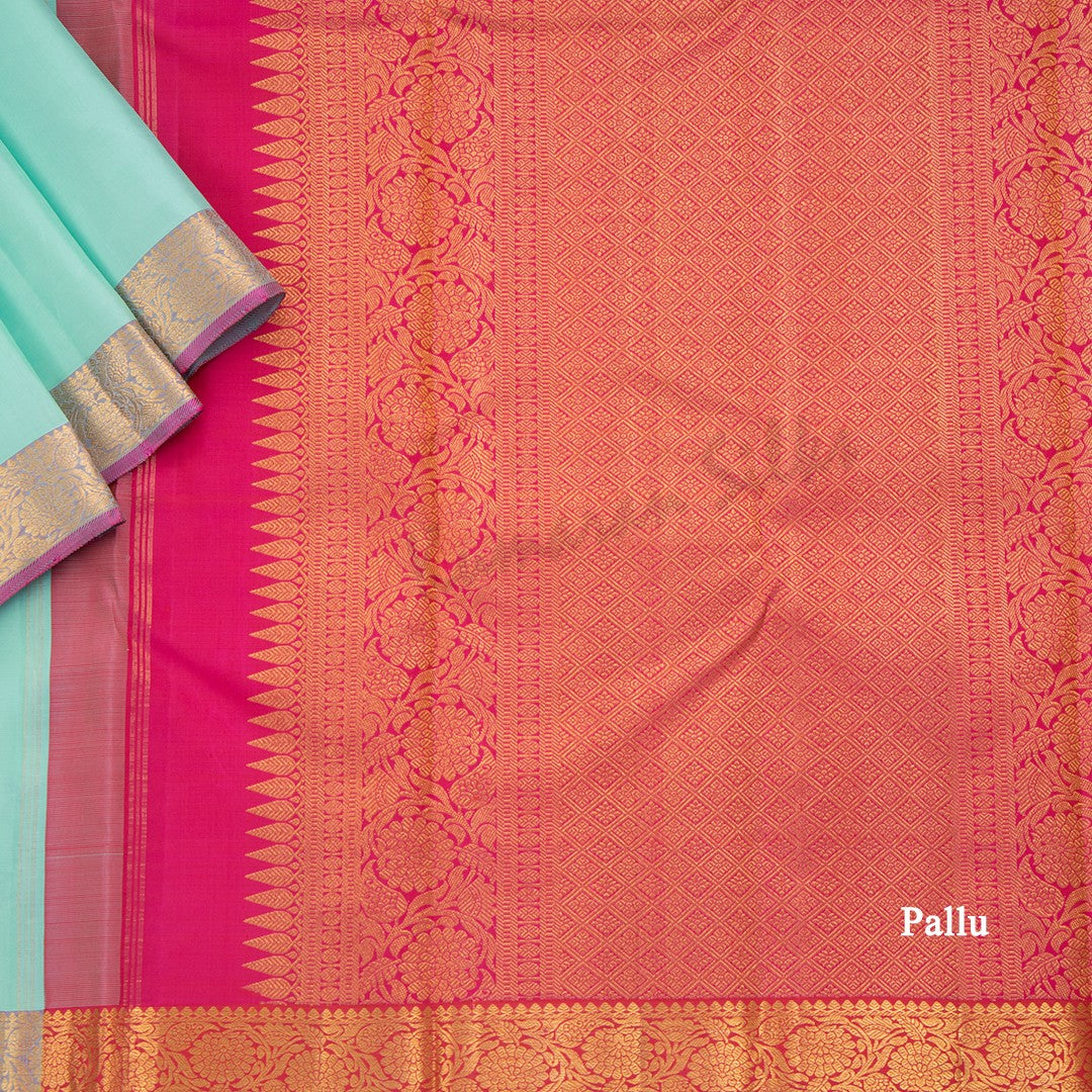 Turquoise Blue Silk Saree With Floral Design And Small Zari Border