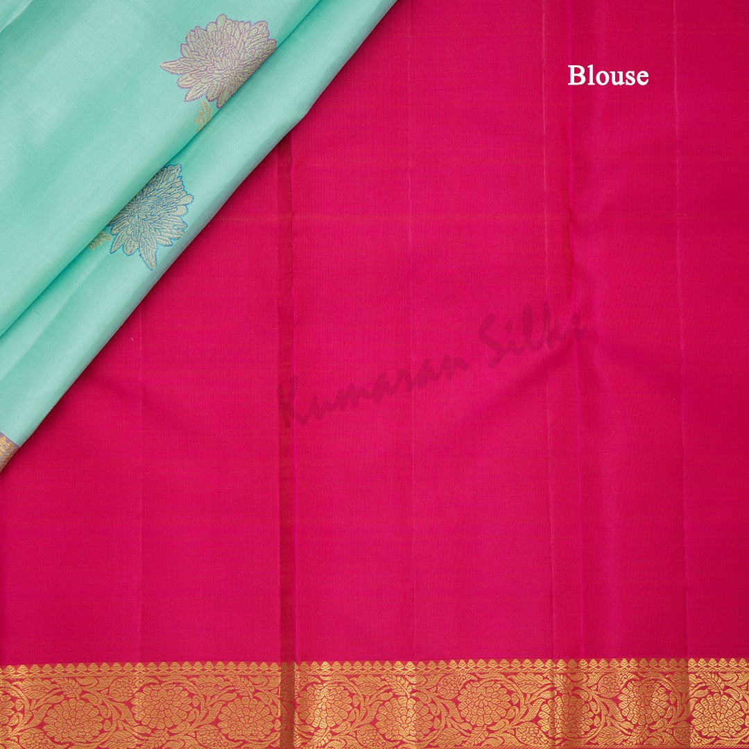 Turquoise Blue Silk Saree With Floral Design And Small Zari Border