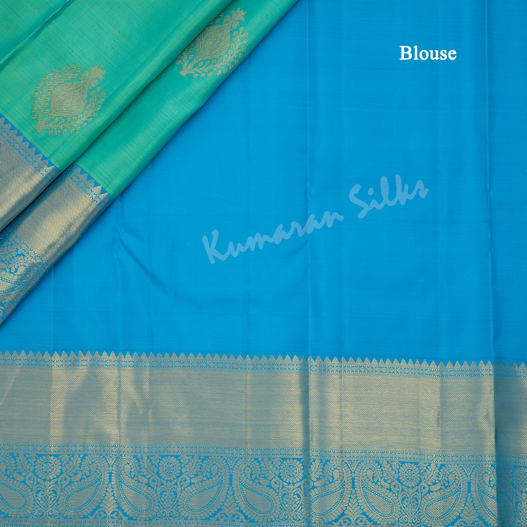 Aqua Blue Silk Saree With Tree Design And Blue Zari Border