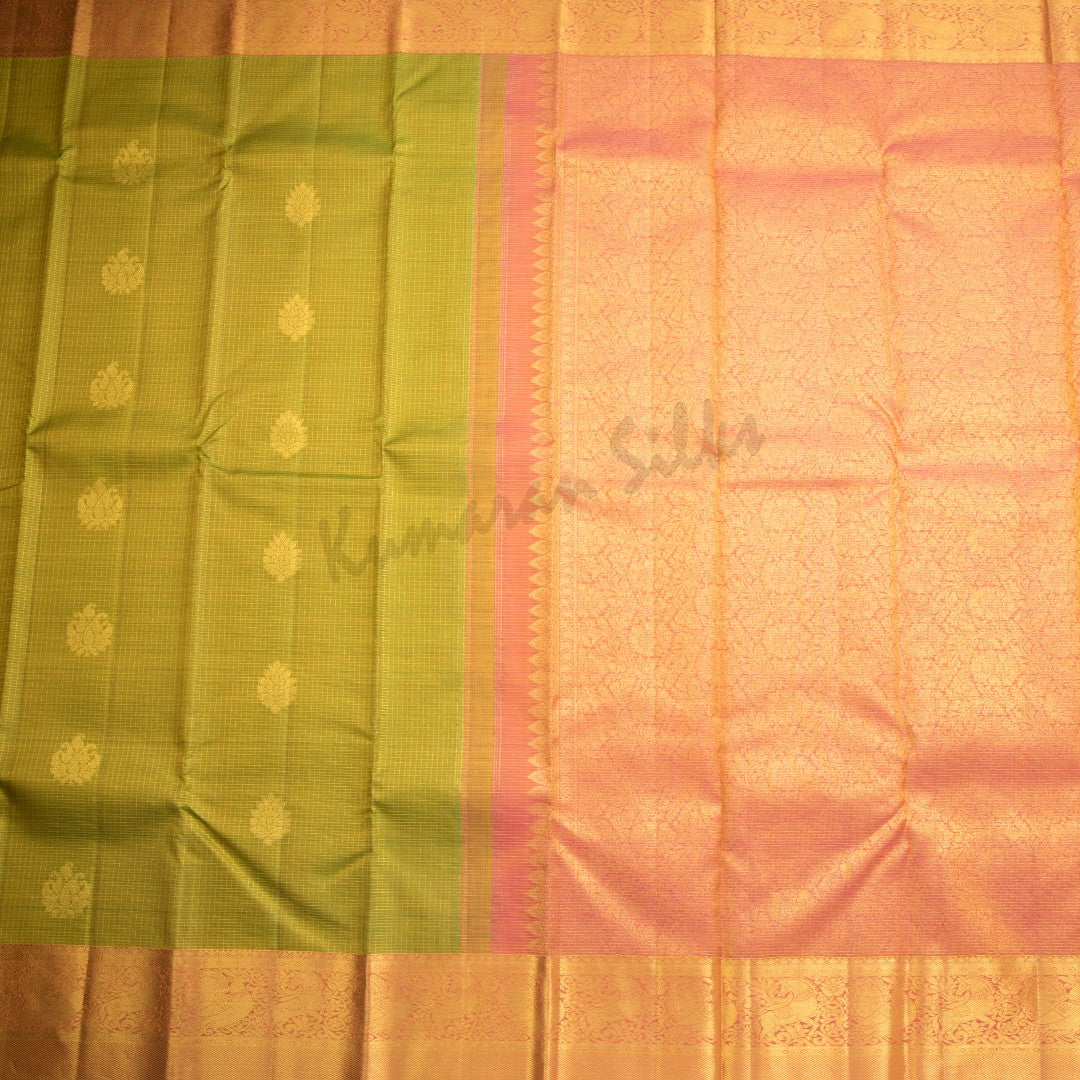 Lime Green Vairaoosi Silk Saree With Zari Buttas And Pink Zari Border