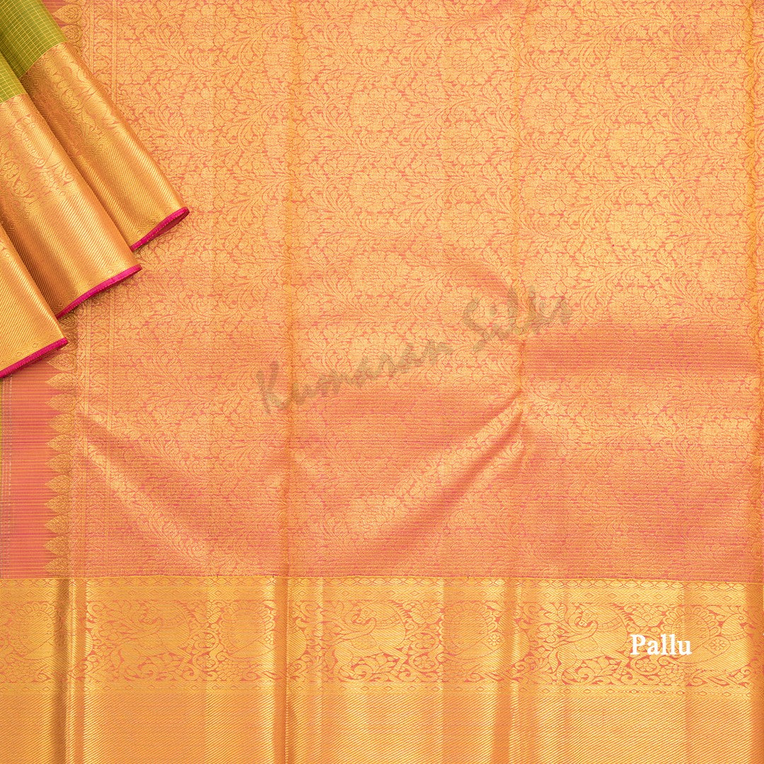 Lime Green Vairaoosi Silk Saree With Zari Buttas And Pink Zari Border