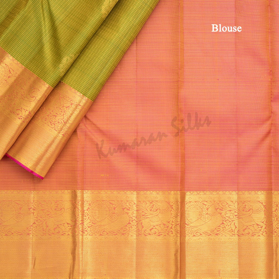 Lime Green Vairaoosi Silk Saree With Zari Buttas And Pink Zari Border