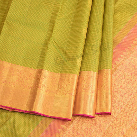 Lime Green Vairaoosi Silk Saree With Zari Buttas And Pink Zari Border