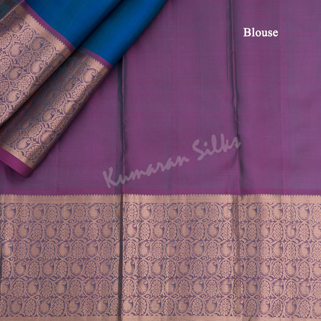 Peacock Blue Silk Saree With Peacock Zari Buttas And Copper Zari Border