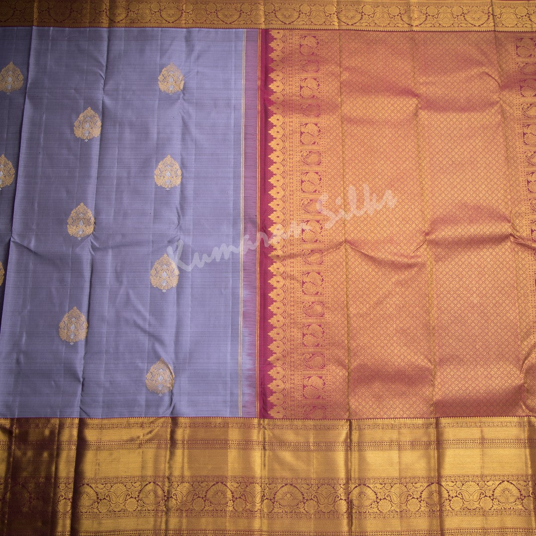 Grey Silk Saree With Leaf Zari Buttas And Maroon Zari Border