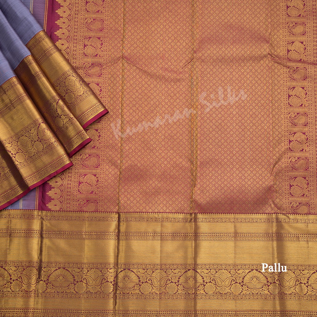 Grey Silk Saree With Leaf Zari Buttas And Maroon Zari Border