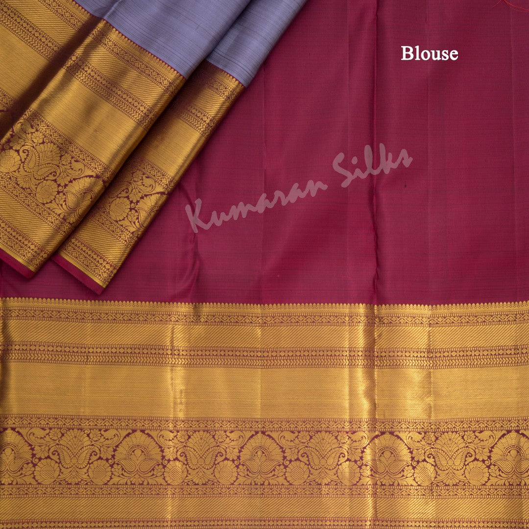 Grey Silk Saree With Leaf Zari Buttas And Maroon Zari Border