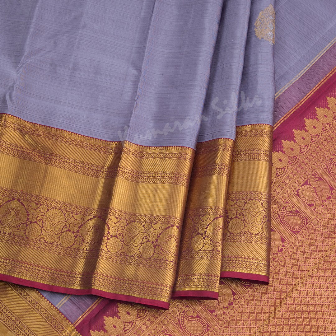 Grey Silk Saree With Leaf Zari Buttas And Maroon Zari Border