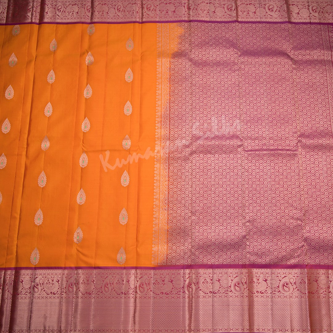 Mango Yellow Silk Saree With Copper Zari Buttas And Pink Zari Border