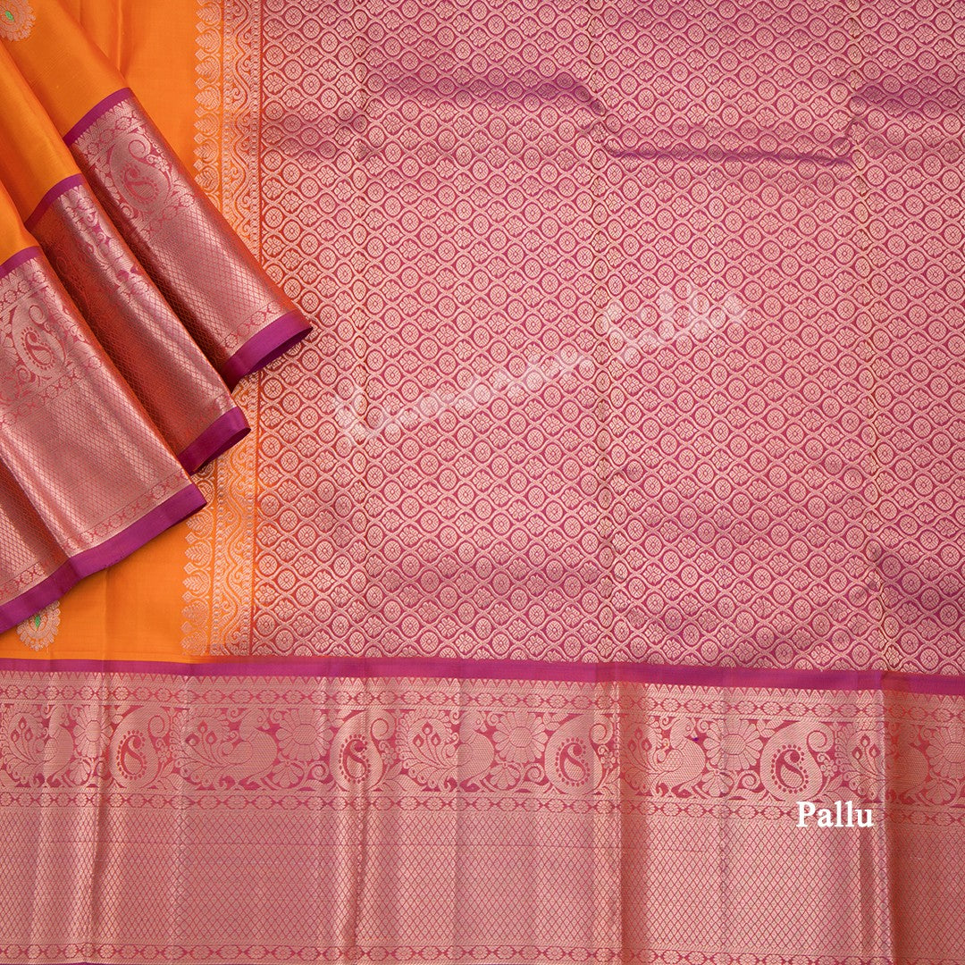 Mango Yellow Silk Saree With Copper Zari Buttas And Pink Zari Border