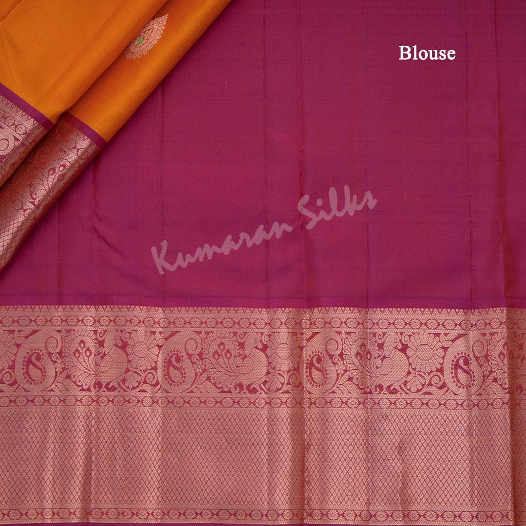 Mango Yellow Silk Saree With Copper Zari Buttas And Pink Zari Border