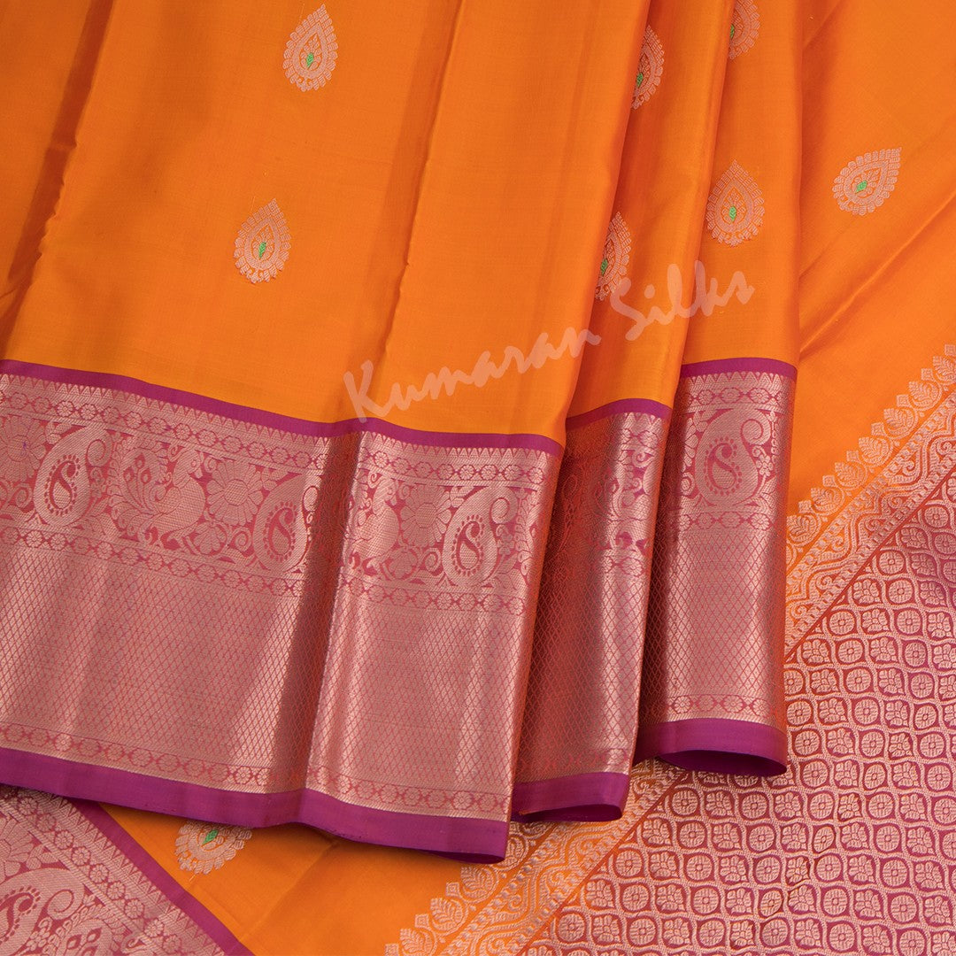 Mango Yellow Silk Saree With Copper Zari Buttas And Pink Zari Border