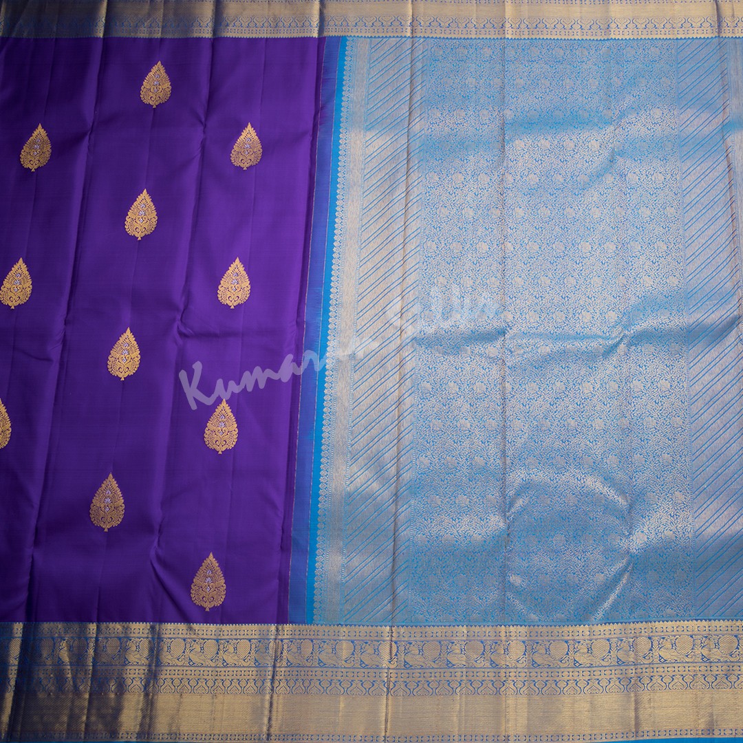 Dark Violet Silk Saree With Leaf Zari Buttas And Gold Zari Border