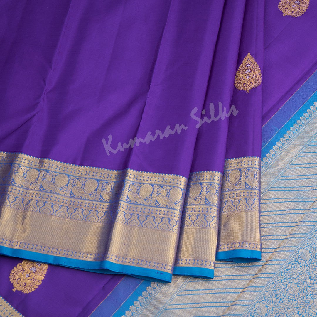 Dark Violet Silk Saree With Leaf Zari Buttas And Gold Zari Border