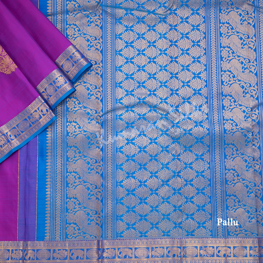 Purple Silk Saree With Peacock Design And Blue Zari border