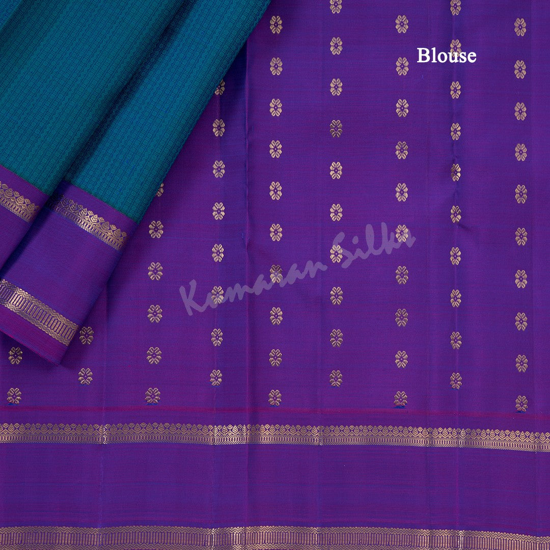 Peacock Blue Thread Work Silk Saree With Multi Design And Purple Border