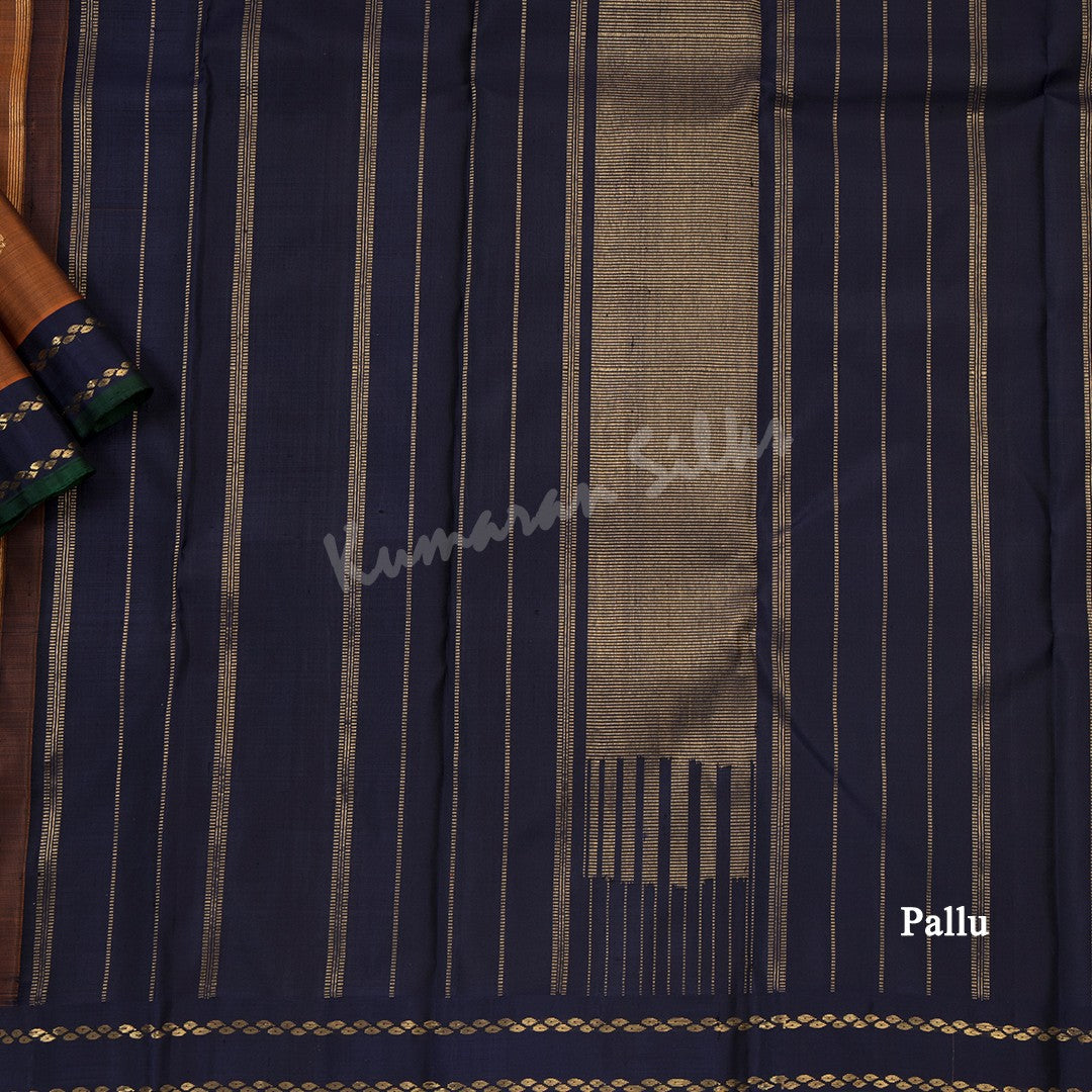 Cinnamon Brown Silk Saree With Small Buttas And Navy Blue Border