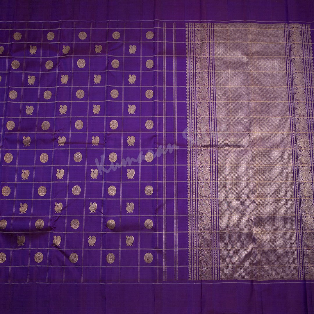 Purple Checked Silk Saree With Peacock And Chakra Buttas And Self Border