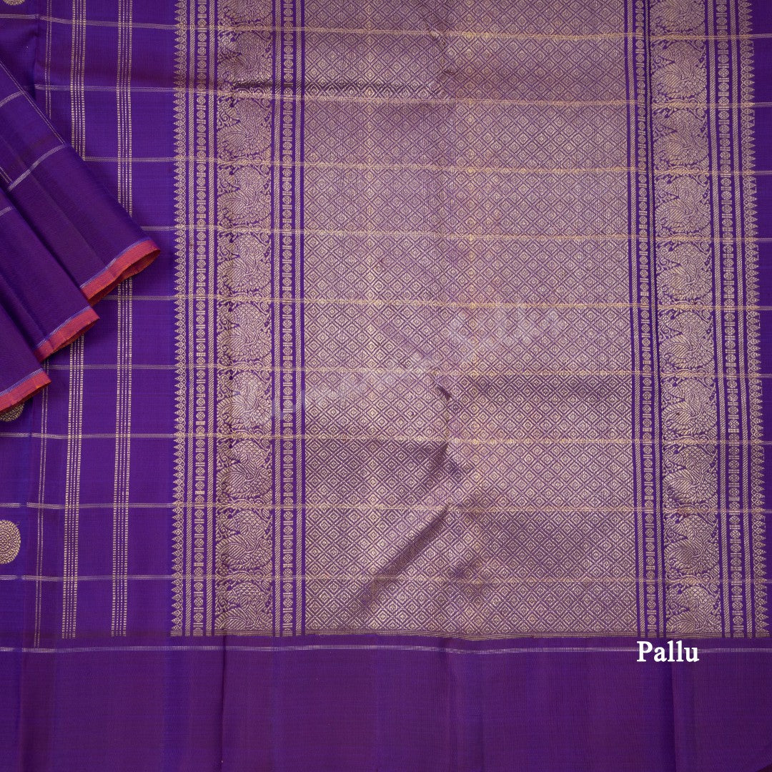 Purple Checked Silk Saree With Peacock And Chakra Buttas And Self Border