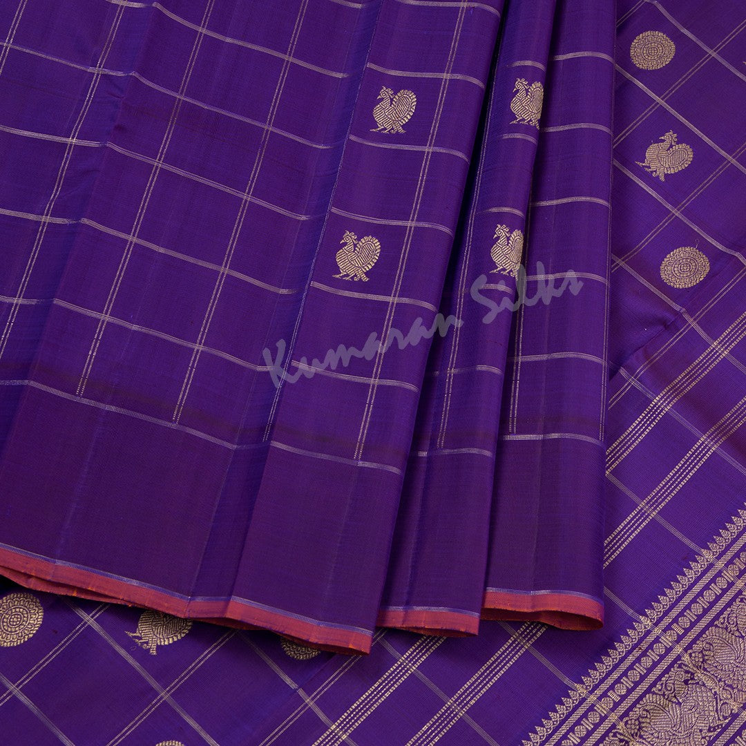 Purple Checked Silk Saree With Peacock And Chakra Buttas And Self Border