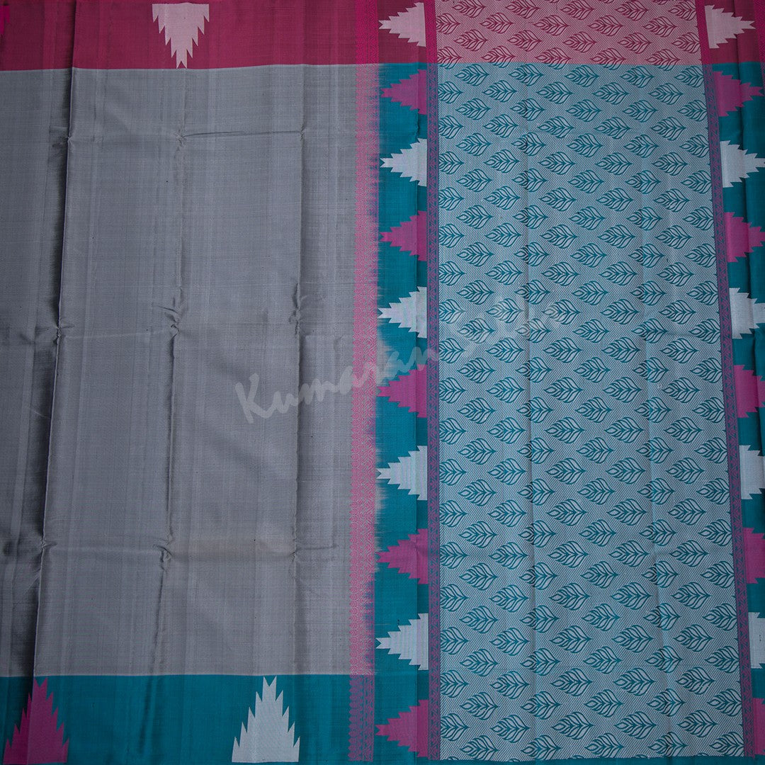 Grey Plain Silk Saree With Two Colour Temple Border