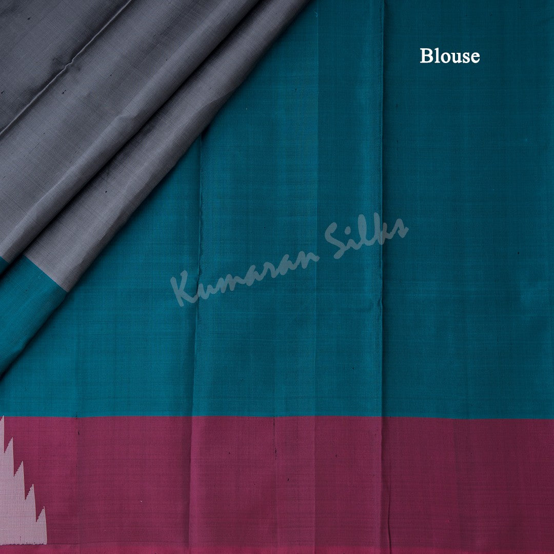 Grey Plain Silk Saree With Two Colour Temple Border