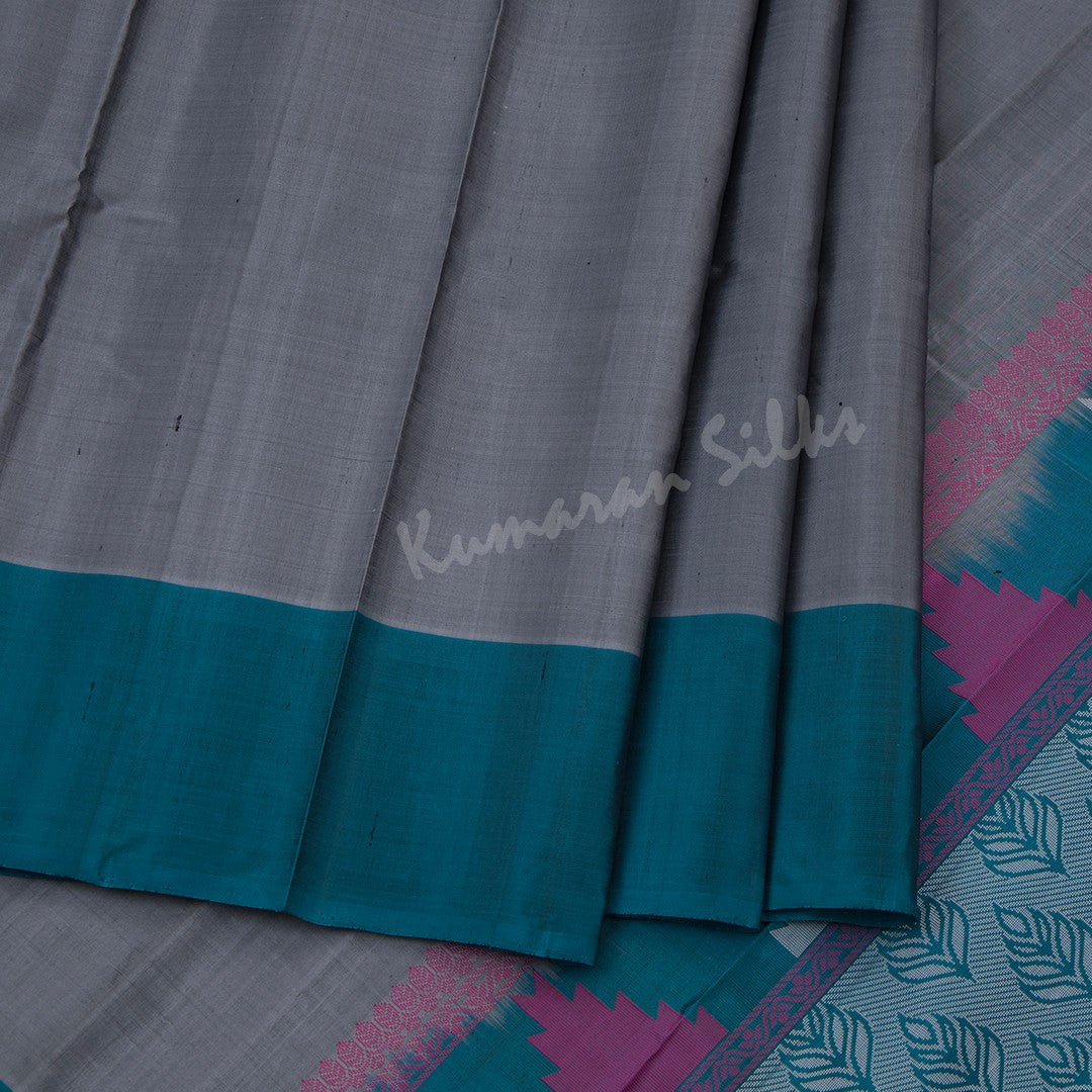 Grey Plain Silk Saree With Two Colour Temple Border