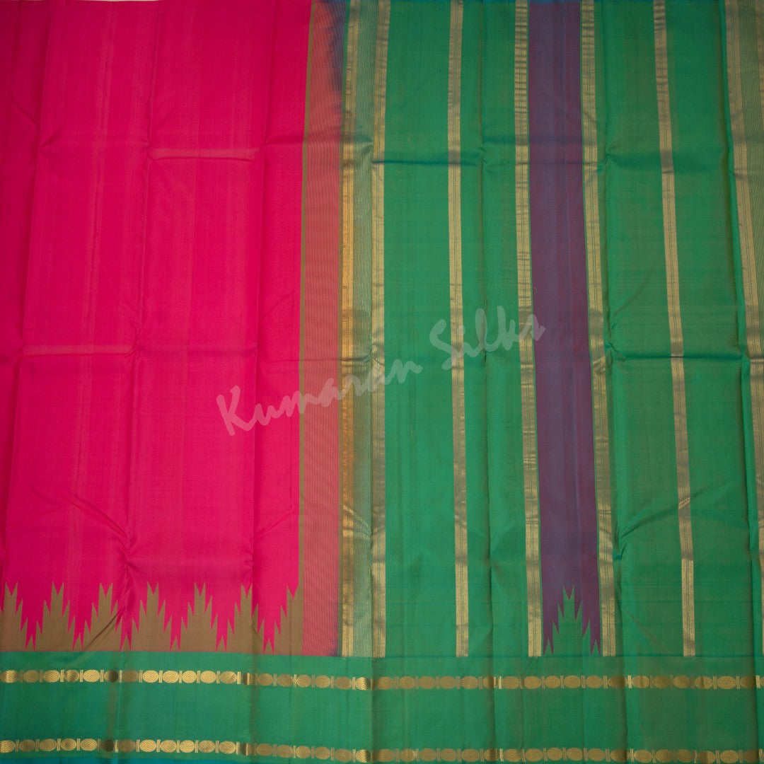 Hot Pink Plain Silk Saree With Shot Colour Border On Temple Design