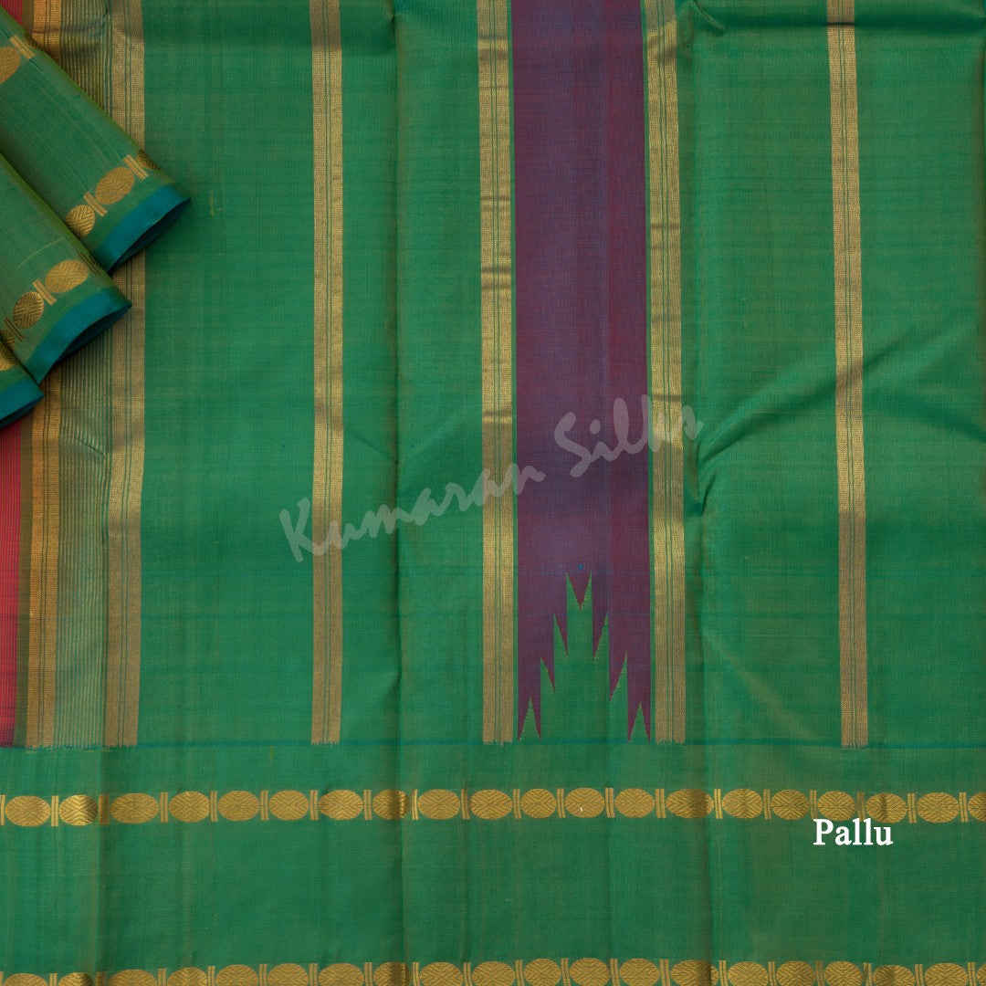 Hot Pink Plain Silk Saree With Shot Colour Border On Temple Design