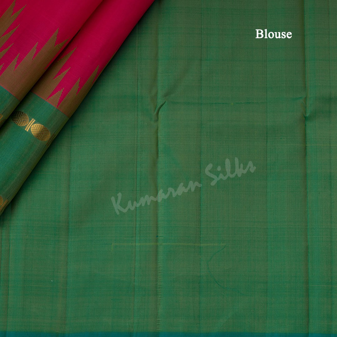 Hot Pink Plain Silk Saree With Shot Colour Border On Temple Design