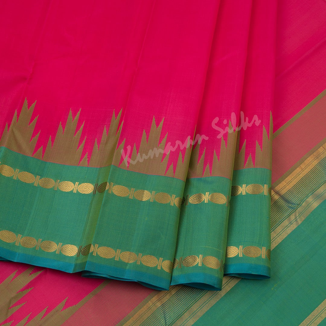 Hot Pink Plain Silk Saree With Shot Colour Border On Temple Design