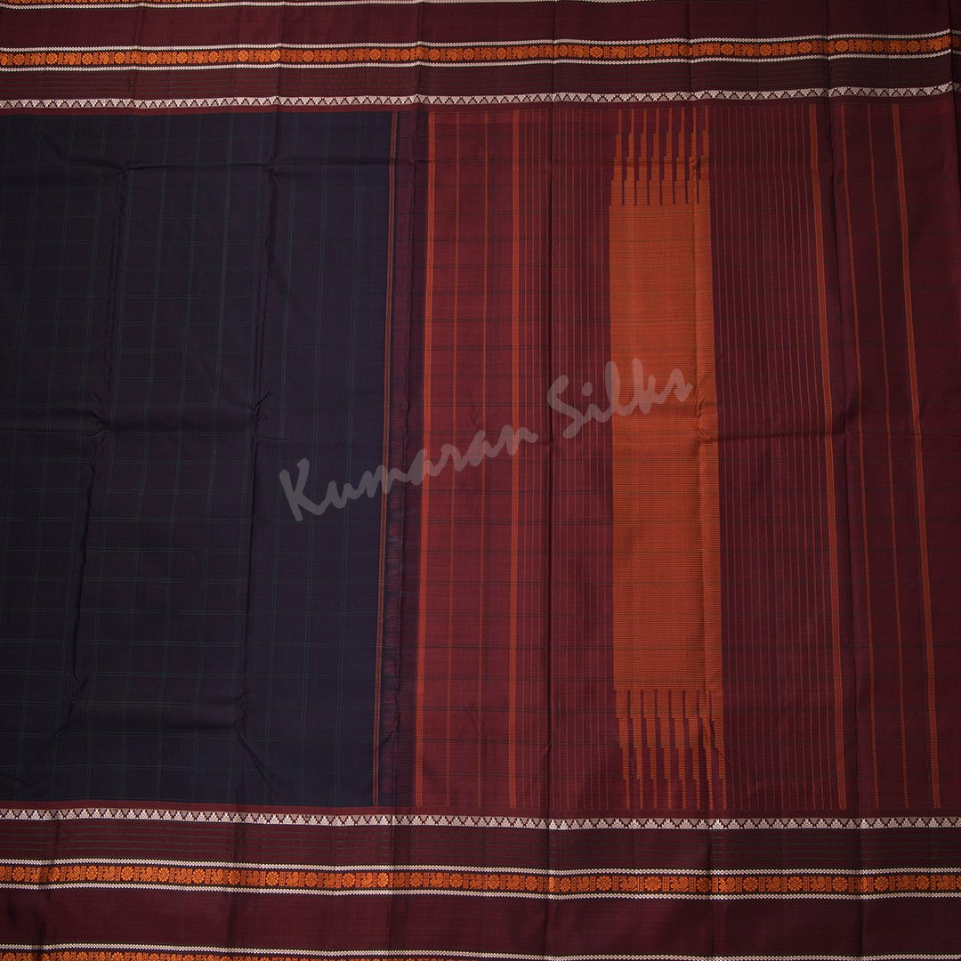 Navy Blue Checked Silk Saree And Maroon Border