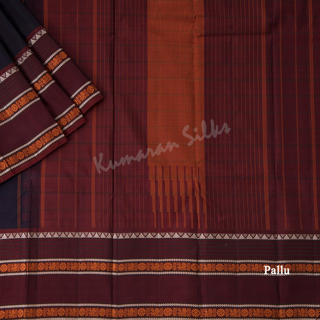 Navy Blue Checked Silk Saree And Maroon Border