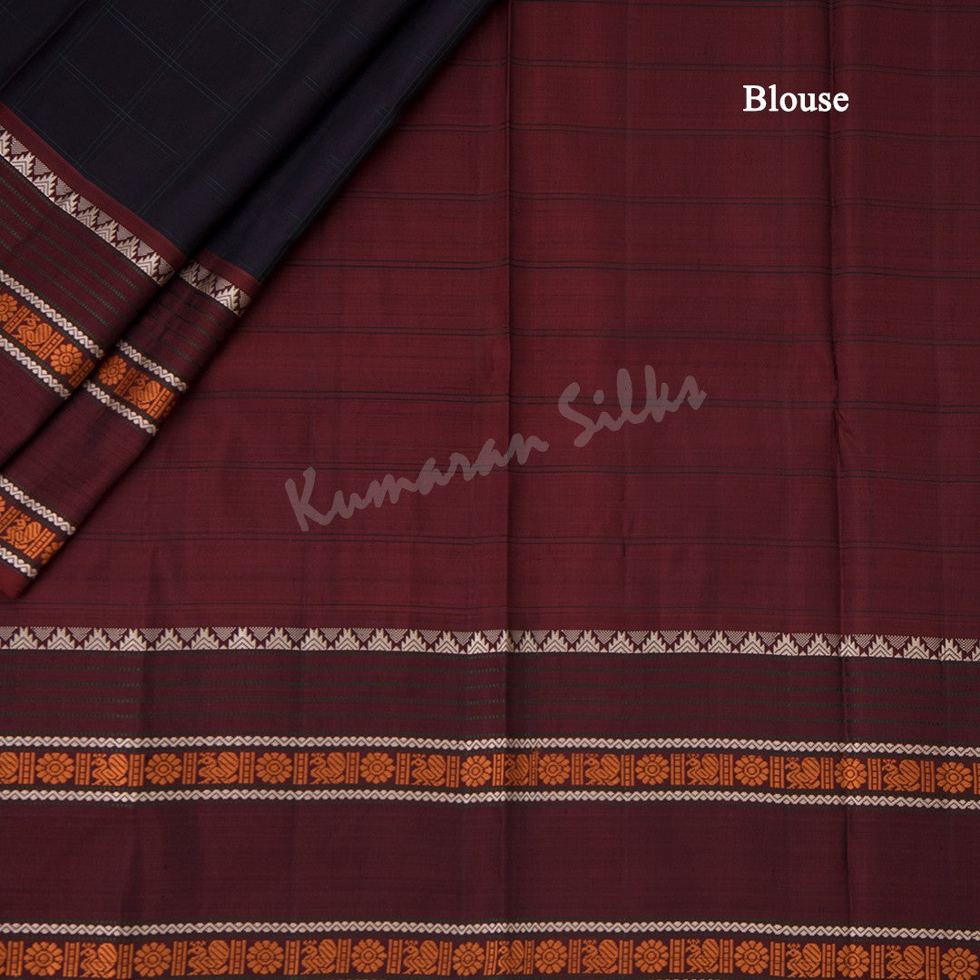 Navy Blue Checked Silk Saree And Maroon Border