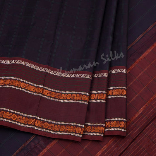 Navy Blue Checked Silk Saree And Maroon Border