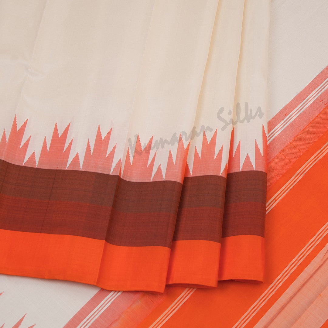 Cream Plain Silk Saree And Contrast Border On Temple Design