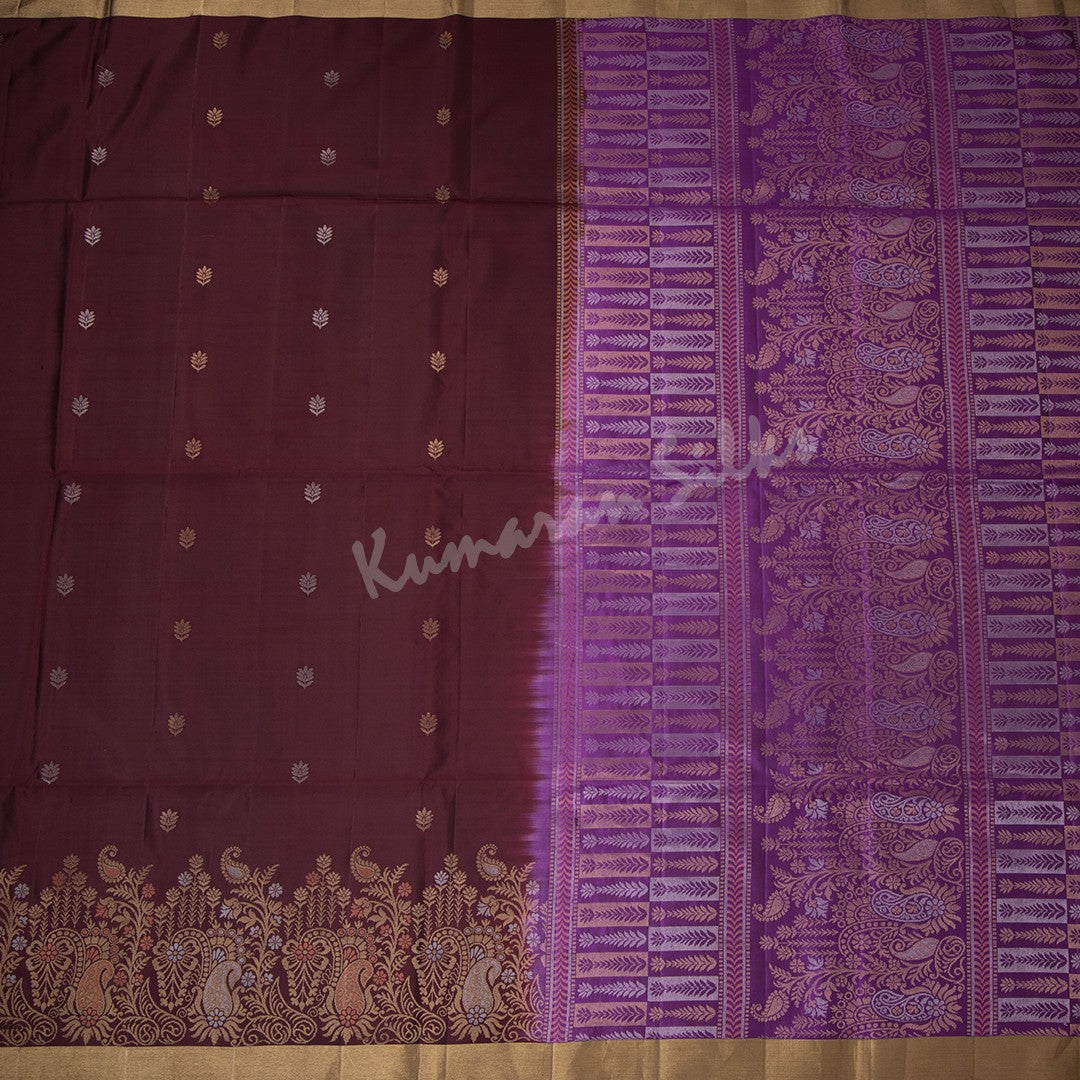 Maroon Soft Silk Saree With Silver And Gold Zari Floral Buttas And Contrast Pallu