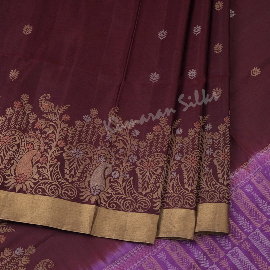 Maroon Soft Silk Saree With Silver And Gold Zari Floral Buttas And Contrast Pallu