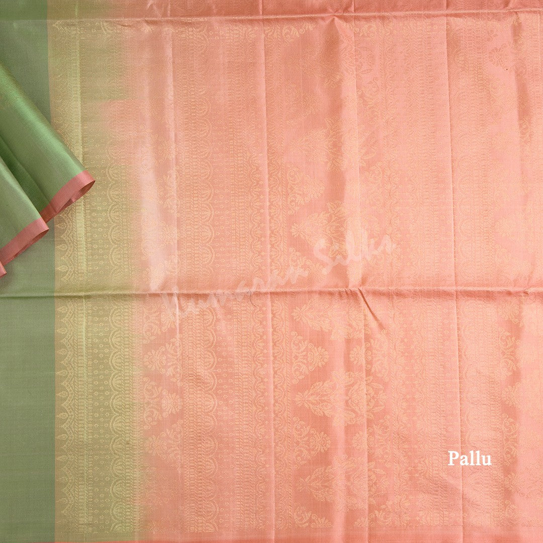 Light Green Soft Silk Saree With Floral Zari Buttas And Ribbon Border