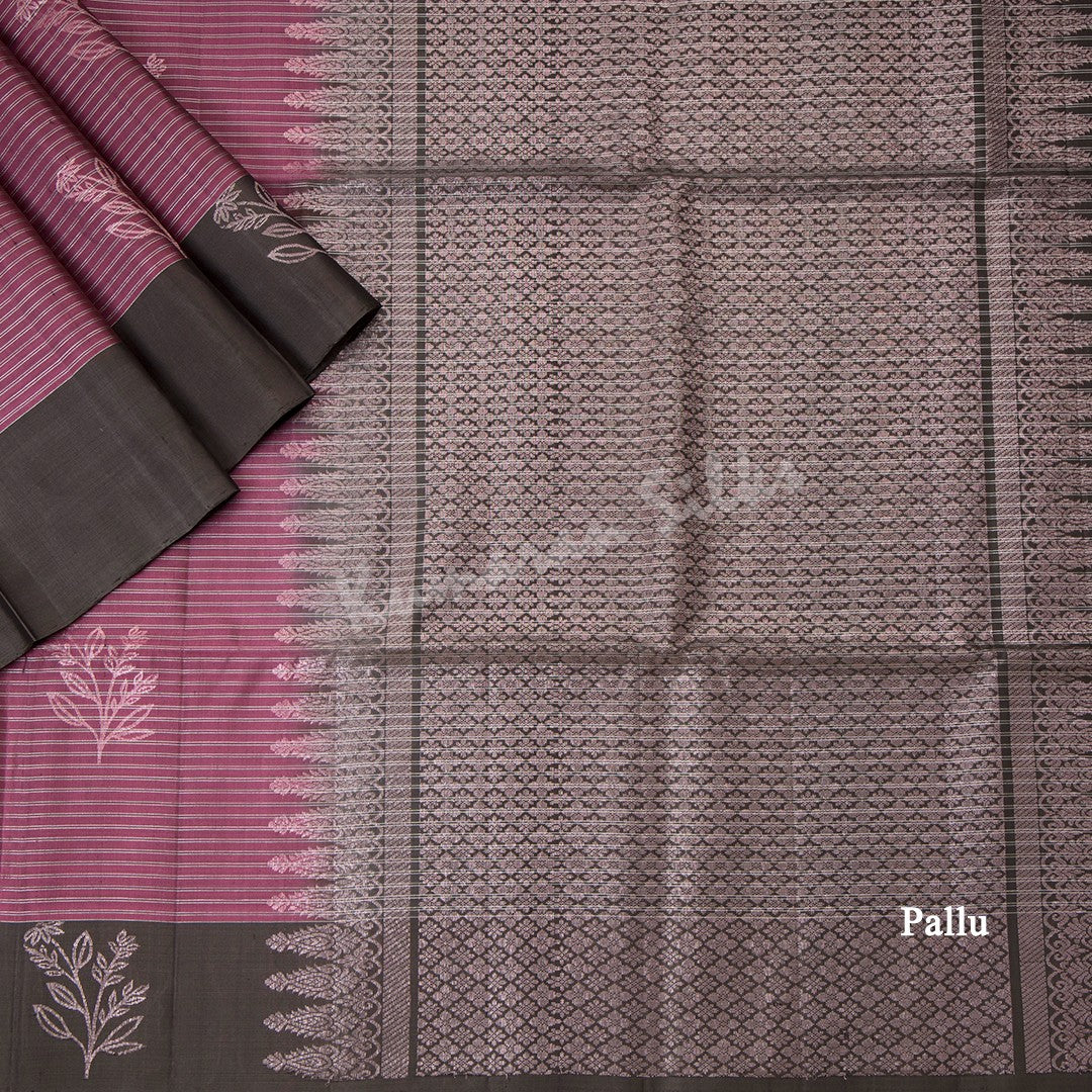 Thulian Pink Soft Silk Saree With Silver Stripes Design And Simple Border